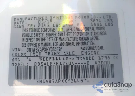 2019 Nissan Sentra S from USA, damaged, VIN 3N1AB7APXKY364876